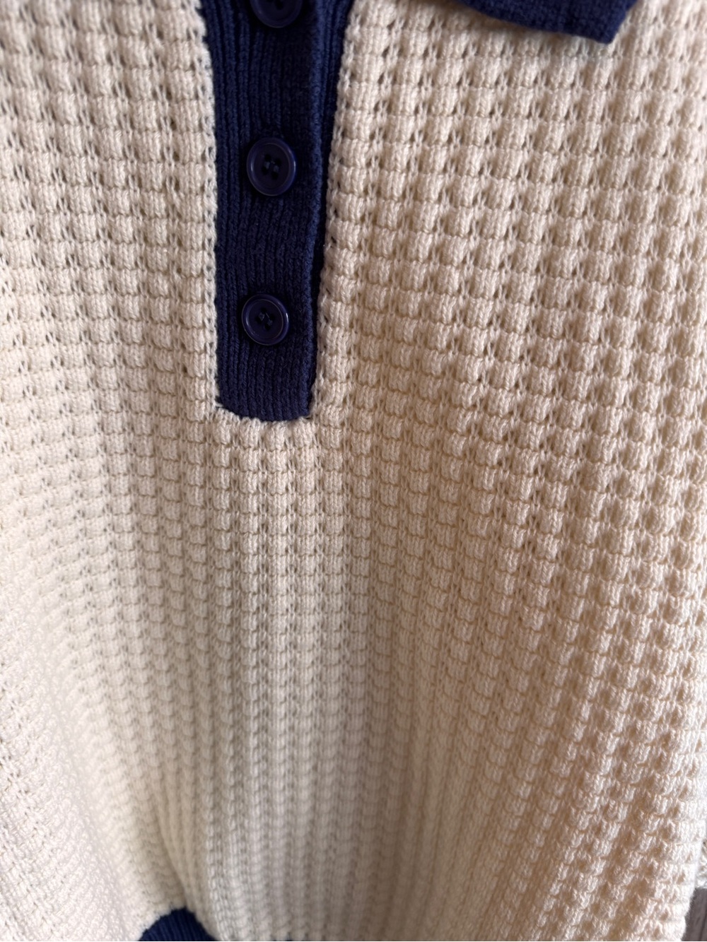 Commense Cream Knit Polo Sweater with Navy Trim - Picture 2 of 5